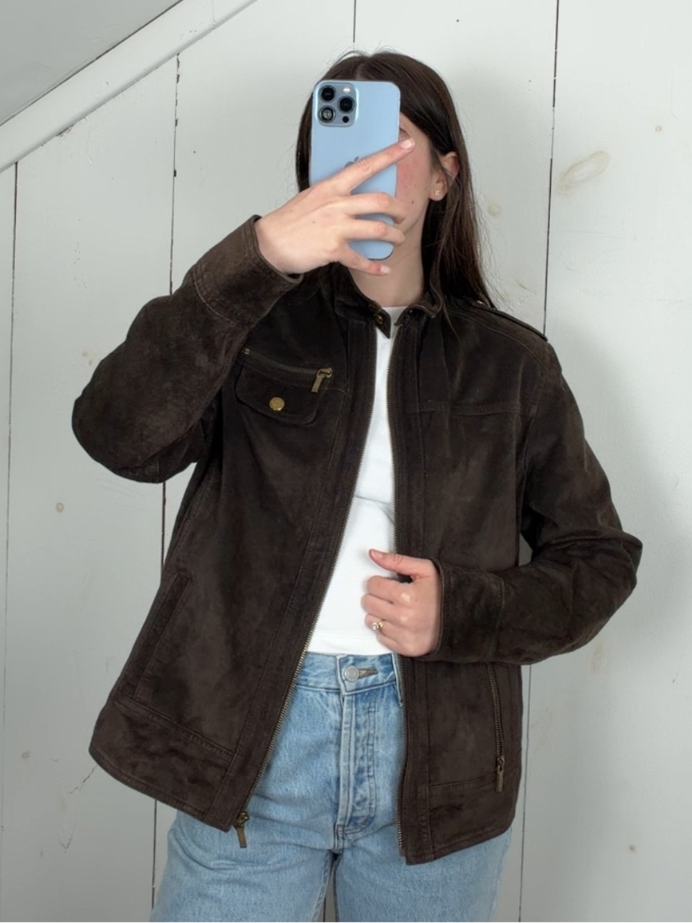 Y2K Anne Klein Brown Suede‎ Leather Full Zip High Neck Moto Jacket Women’s Large
